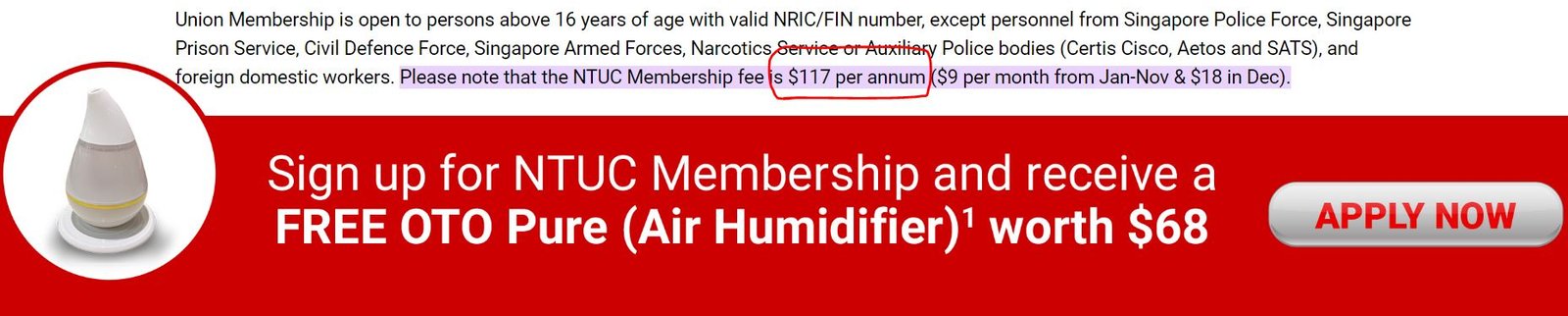 NTUC Union membership fee